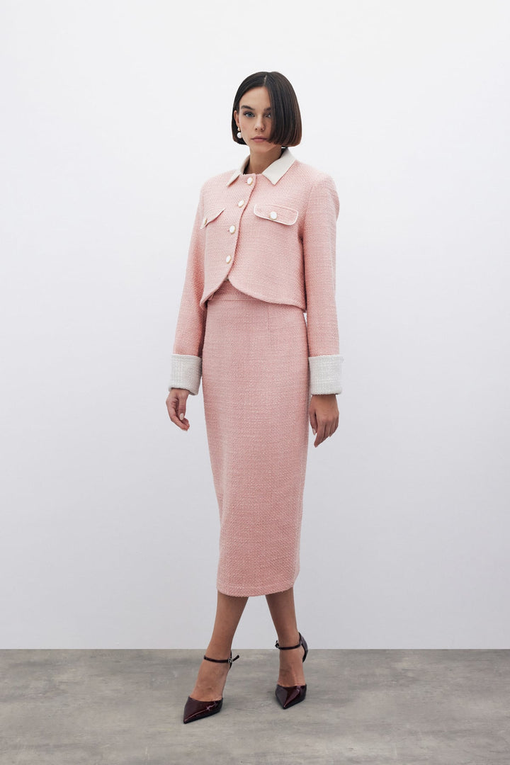 Sateen Jupe crayon en tweed avec boutons décoratifs - Poudre