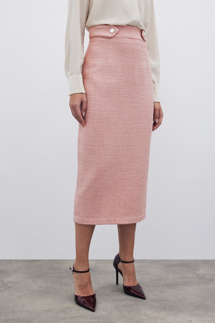 Sateen Jupe crayon en tweed avec boutons décoratifs - Poudre