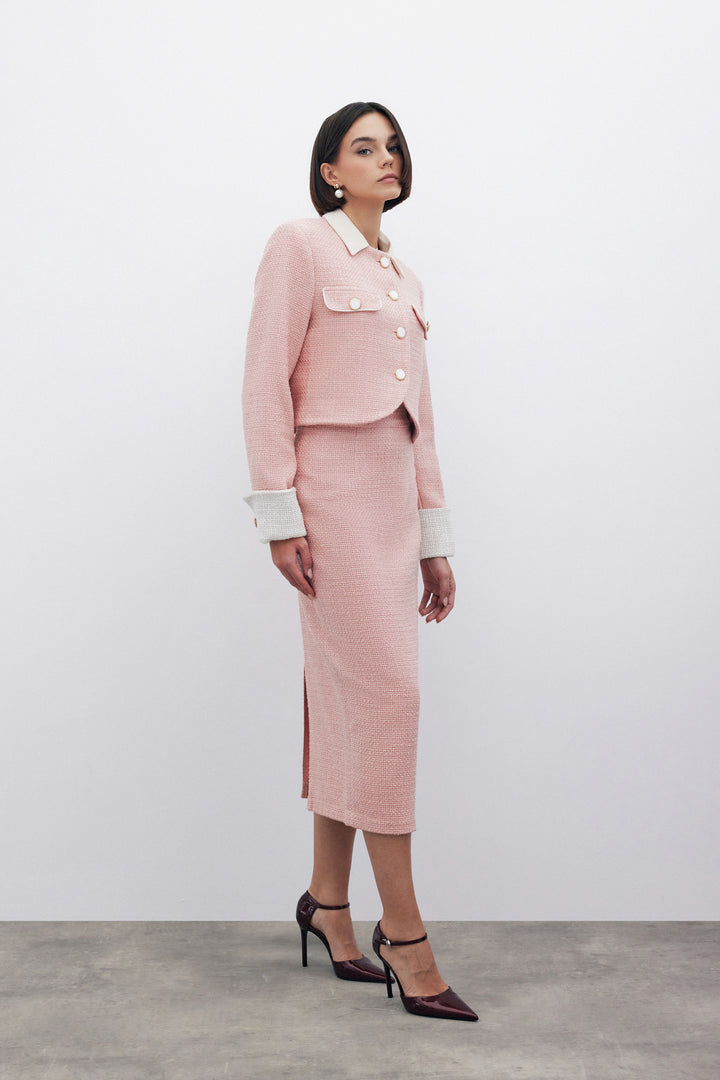 Sateen Jupe crayon en tweed avec boutons décoratifs - Poudre