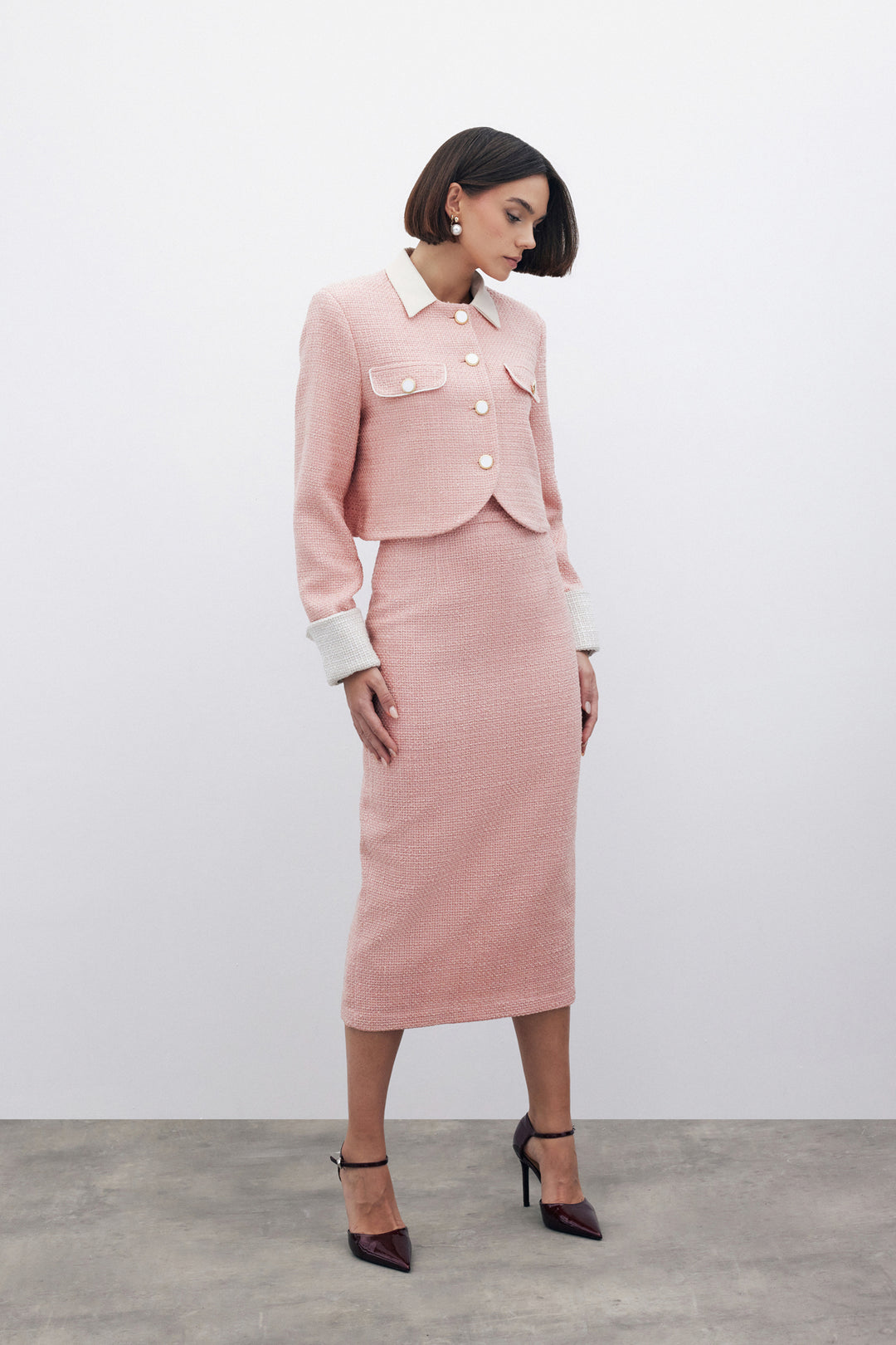 Sateen Jupe crayon en tweed avec boutons décoratifs - Poudre