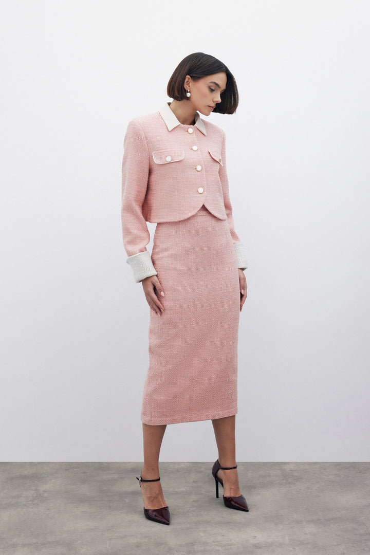 Sateen Jupe crayon en tweed avec boutons décoratifs - Poudre