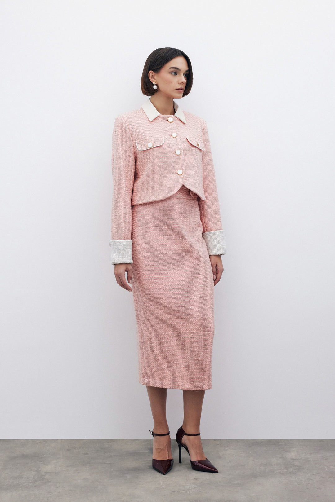 Sateen Jupe crayon en tweed avec boutons décoratifs - Poudre