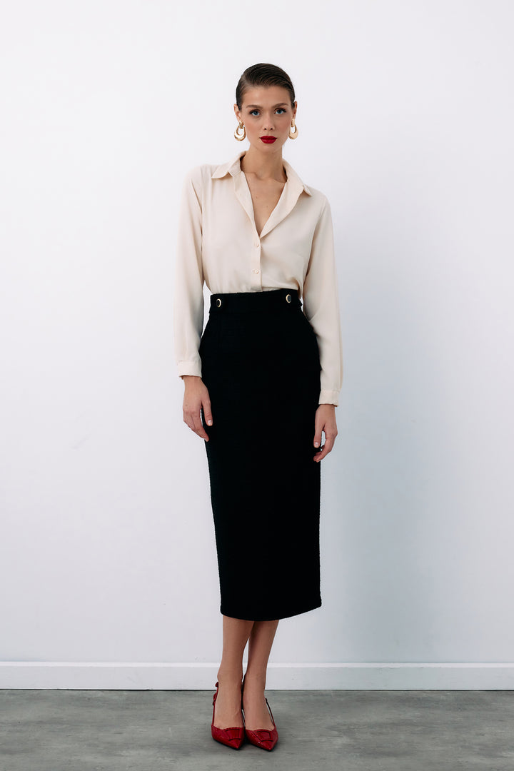 Sateen Jupe crayon en tweed avec boutons décoratifs - Noir