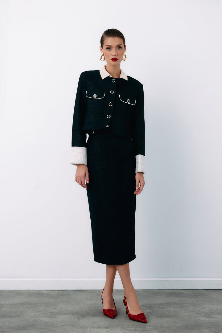 Sateen Jupe crayon en tweed avec boutons décoratifs - Noir