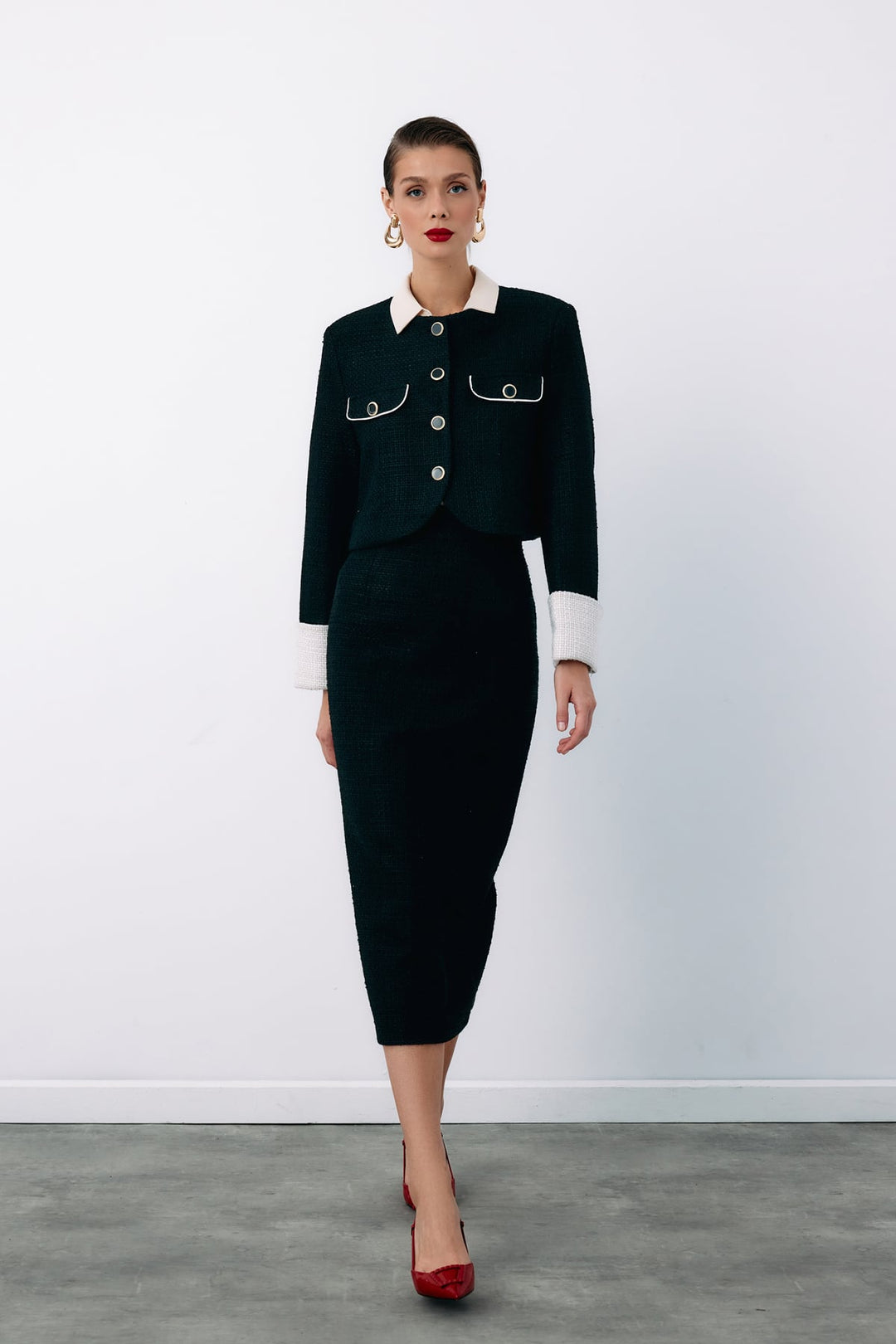 Sateen Jupe crayon en tweed avec boutons décoratifs - Noir