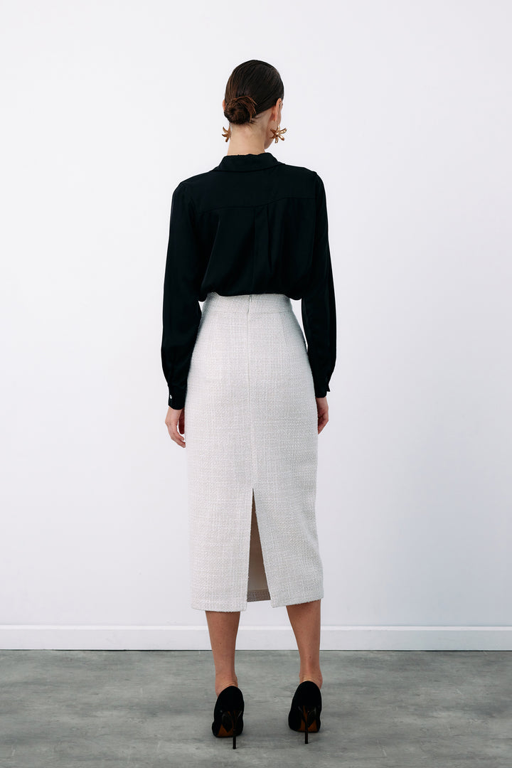 Sateen Jupe crayon en tweed avec boutons décoratifs - Pierre