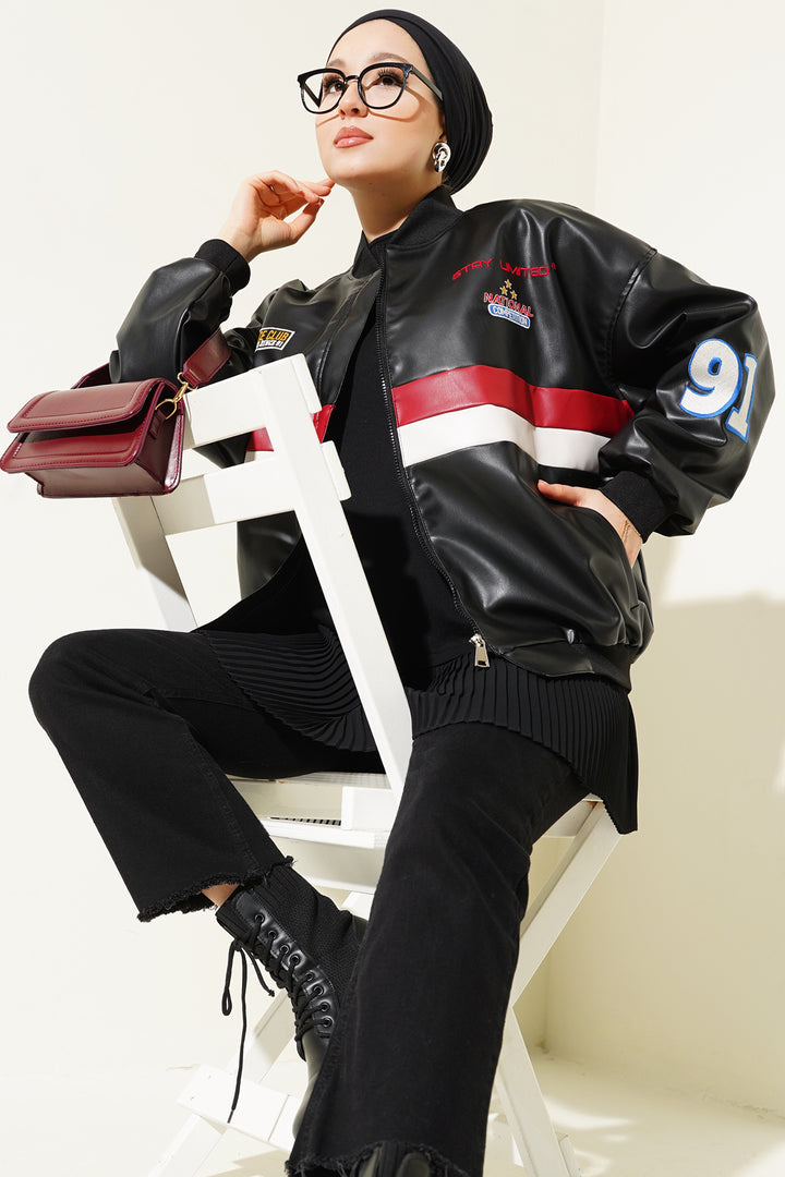 Bigdart T0698 Veste Bomber en Cuir Synthétique Imprimée - Noir