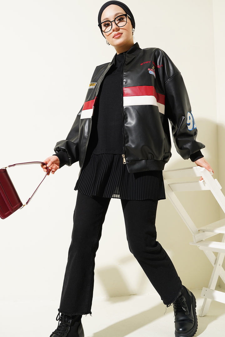 Bigdart T0698 Veste Bomber en Cuir Synthétique Imprimée - Noir