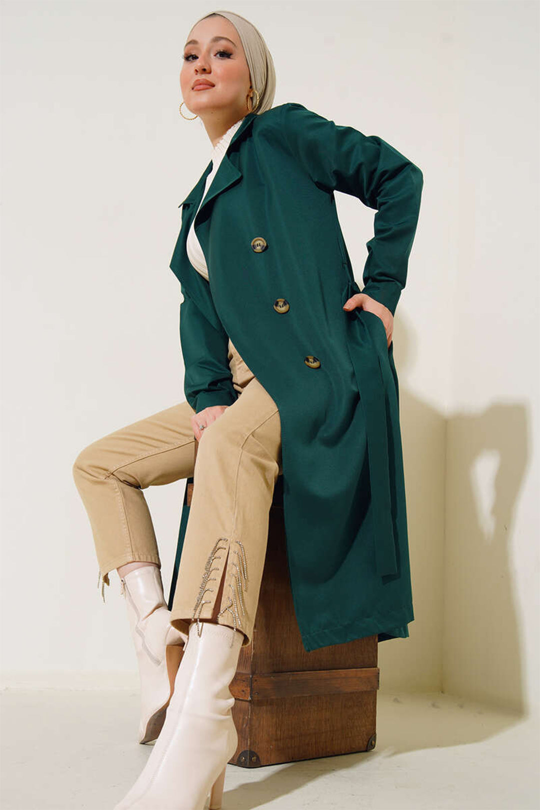 Bigdart T5853 Manteau croisé de hijab - Vert émeraude