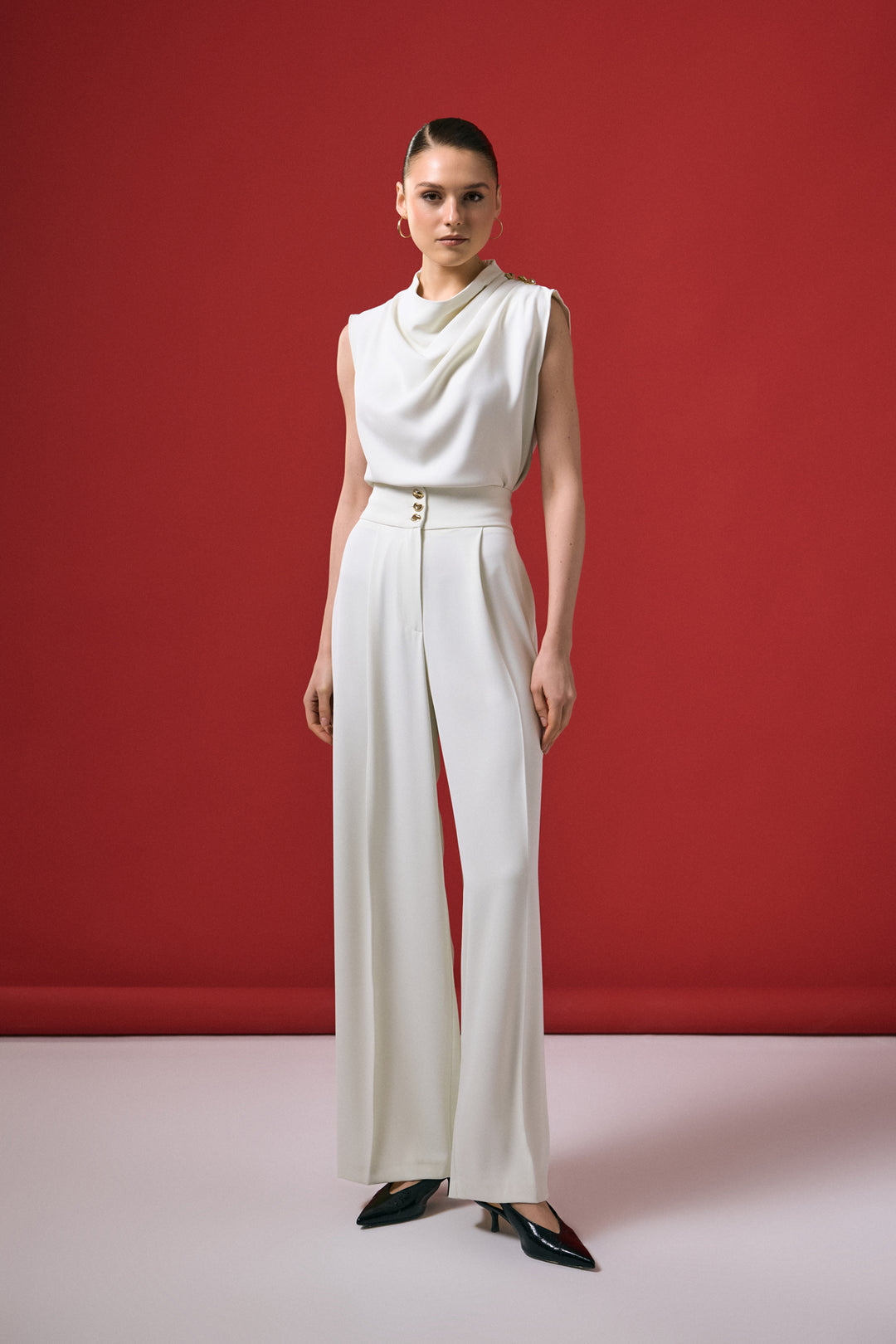 Sateen Pantalon Talia avec détail de bouton - Écru