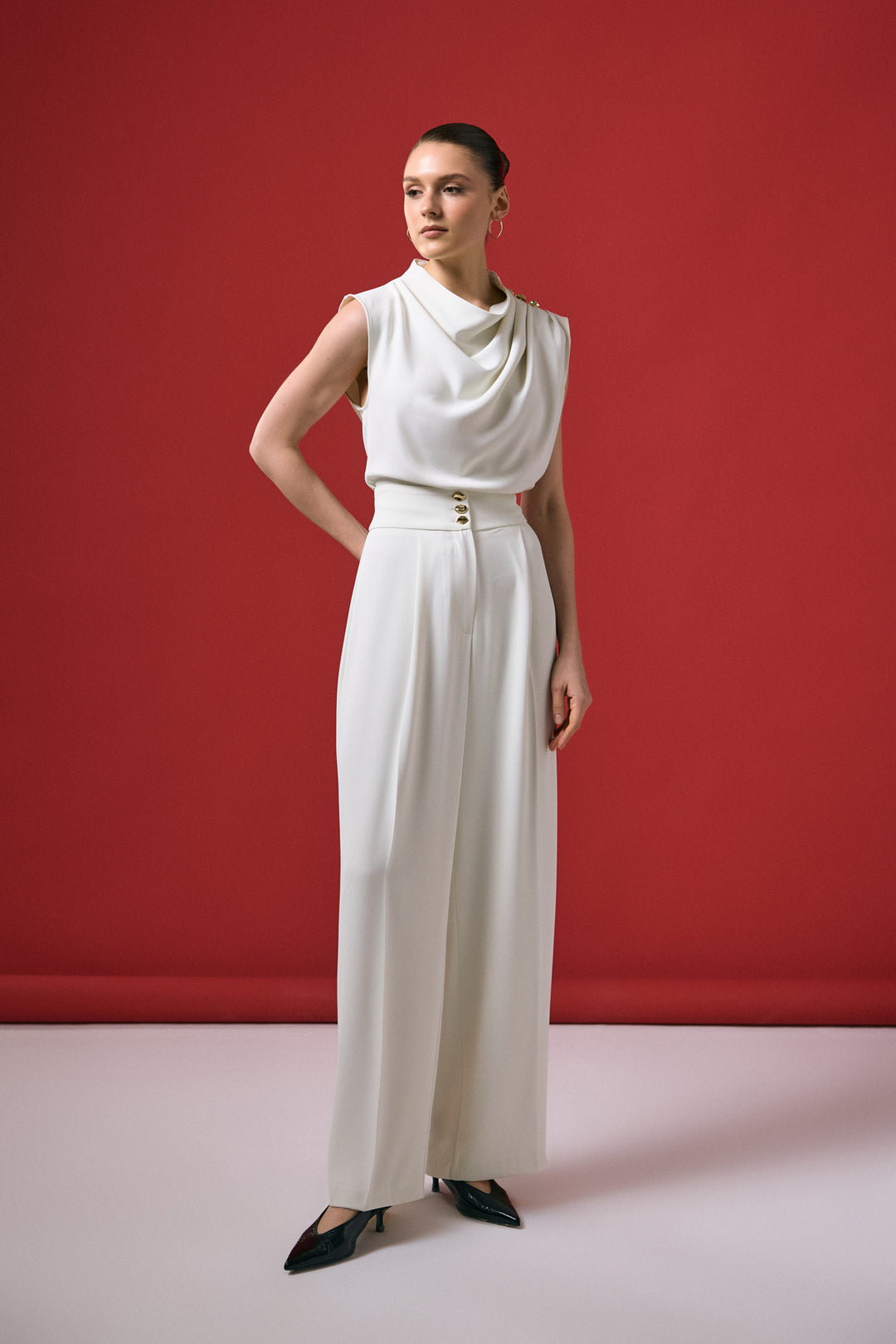 Sateen Pantalon Talia avec détail de bouton - Écru