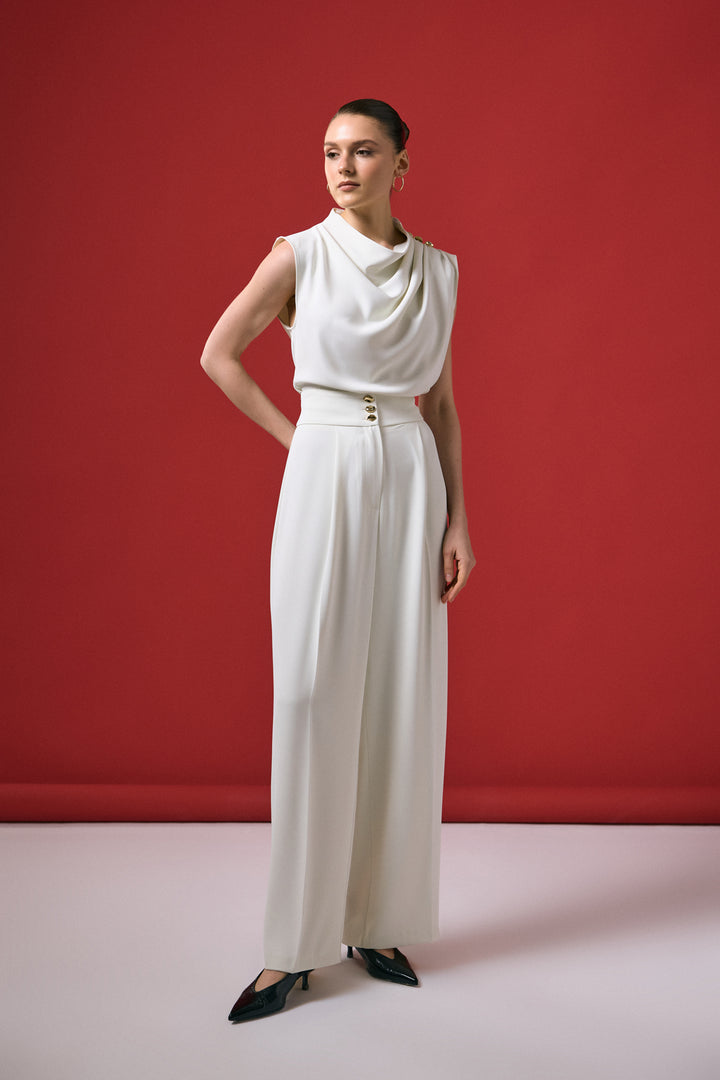 Sateen Pantalon Talia avec détail de bouton - Écru