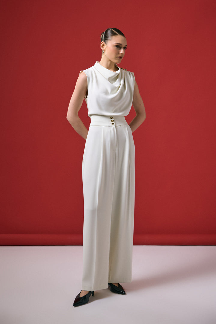 Sateen Pantalon Talia avec détail de bouton - Écru