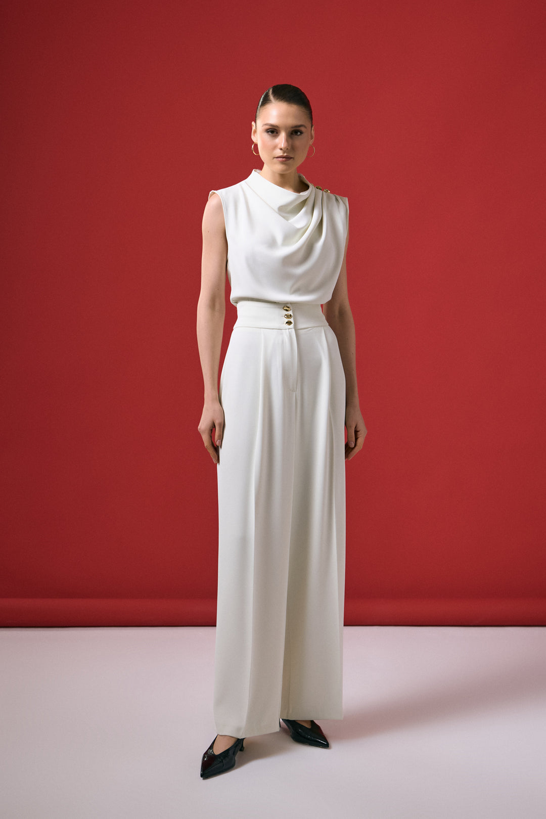 Sateen Pantalon Talia avec détail de bouton - Écru
