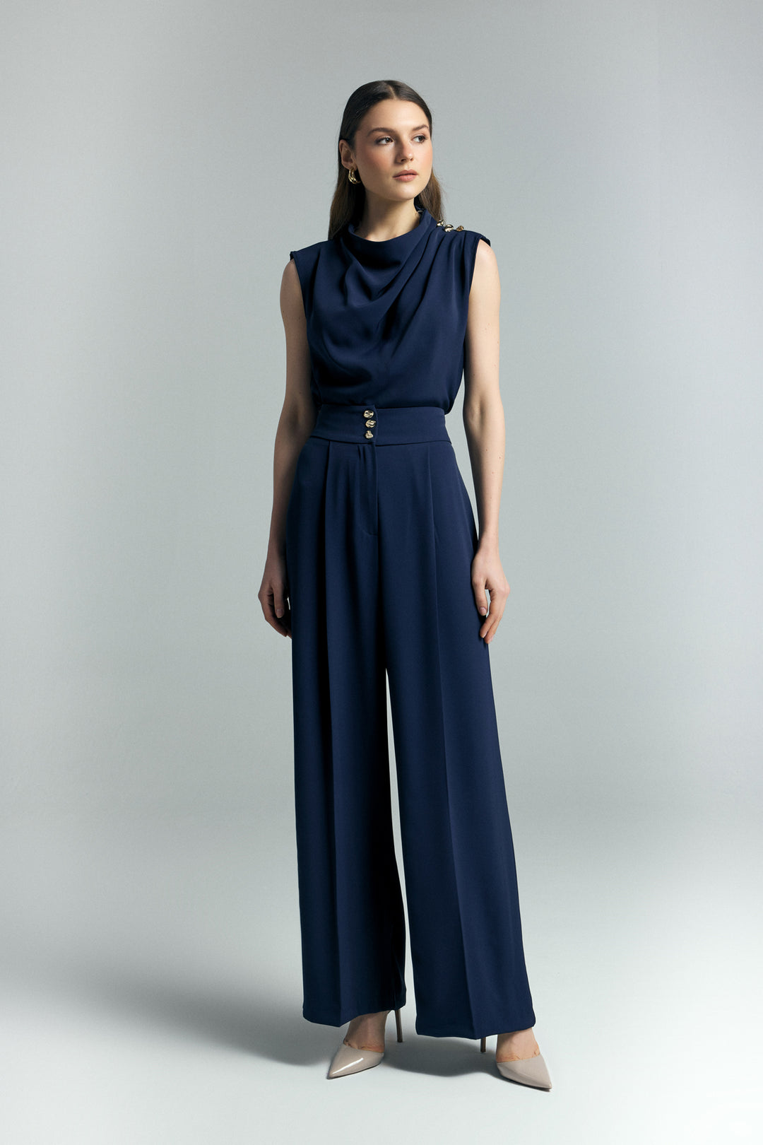 Sateen Pantalon Talia avec détail de bouton - Bleu marine