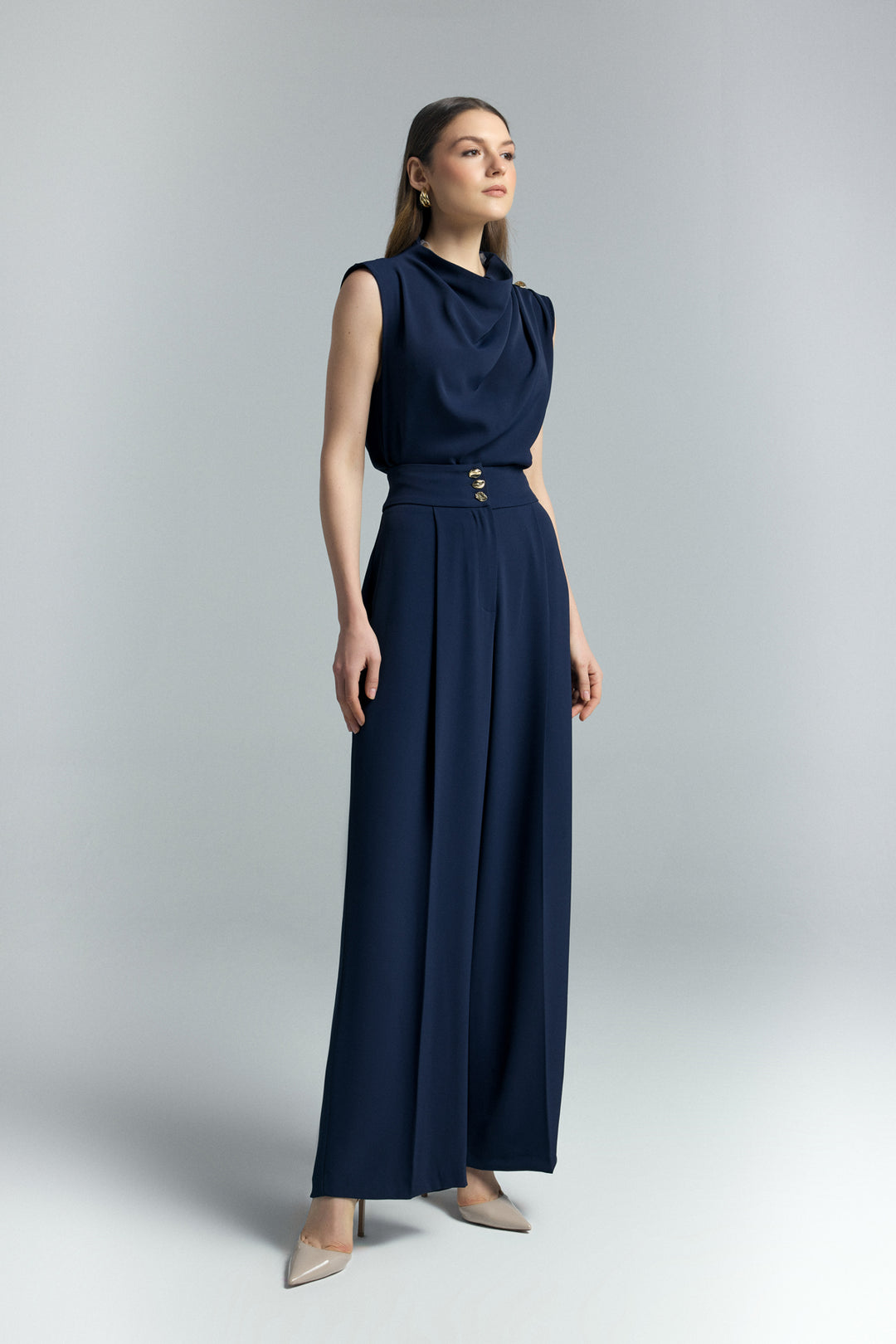 Sateen Pantalon Talia avec détail de bouton - Bleu marine