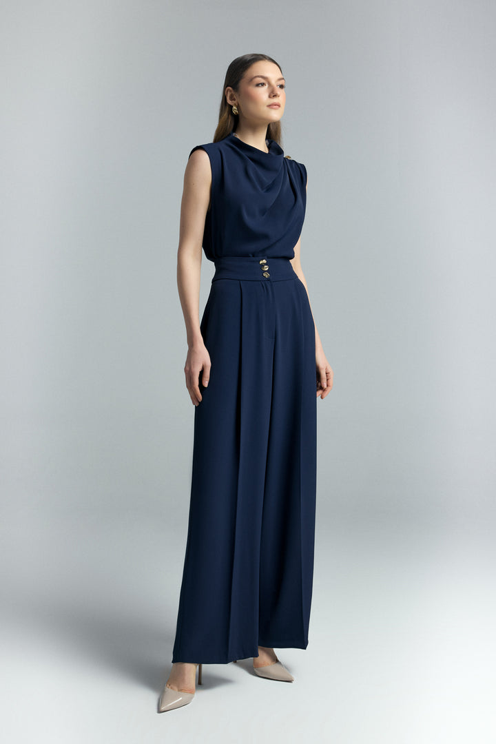 Sateen Pantalon Talia avec détail de bouton - Bleu marine