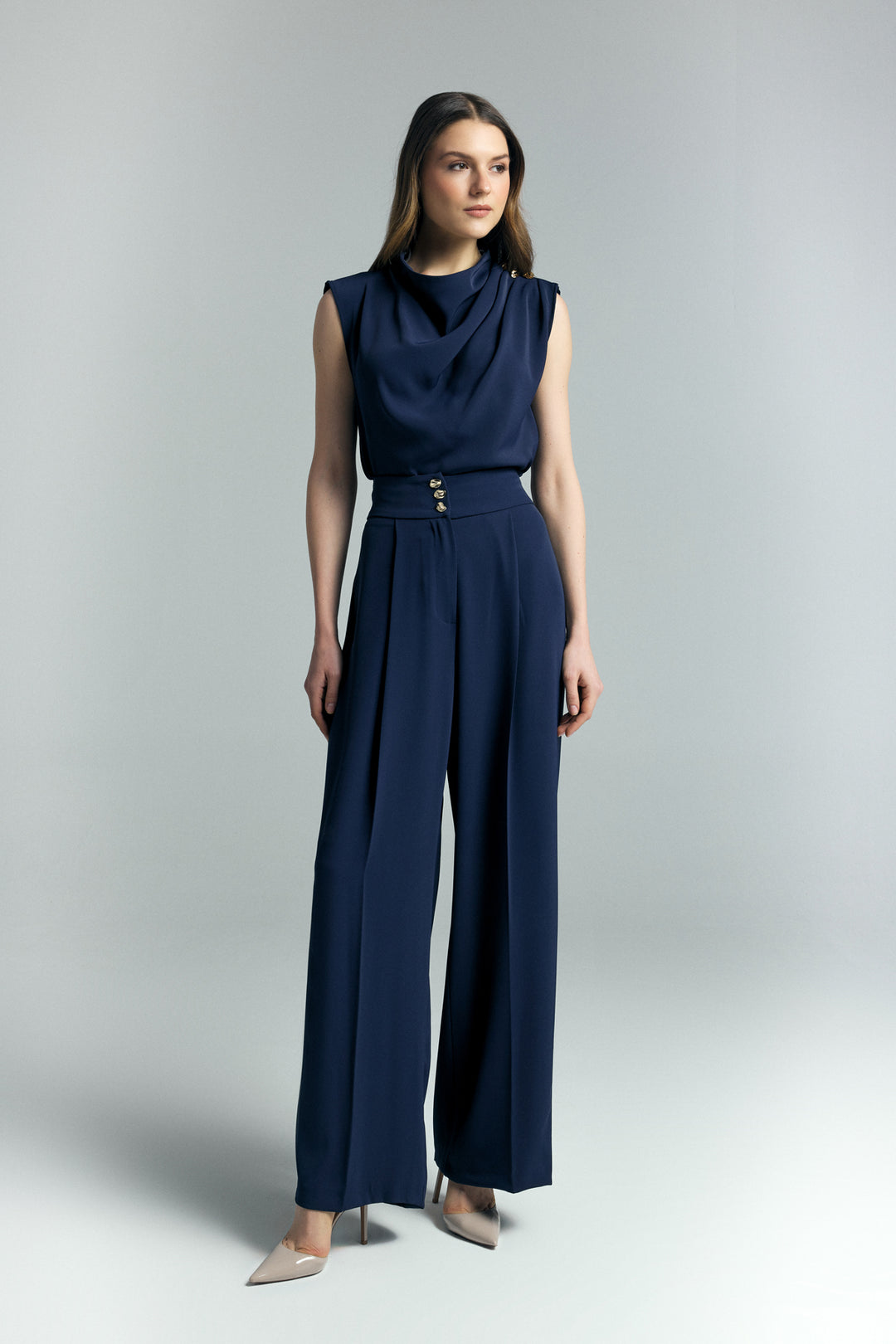 Sateen Pantalon Talia avec détail de bouton - Bleu marine