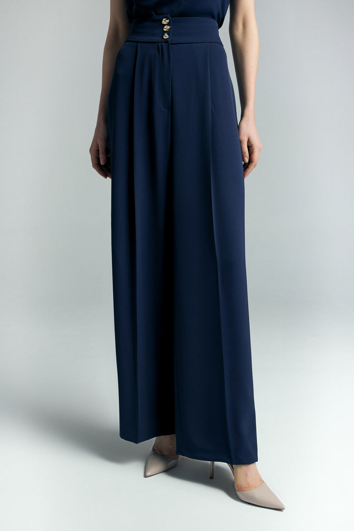 Sateen Pantalon Talia avec détail de bouton - Bleu marine