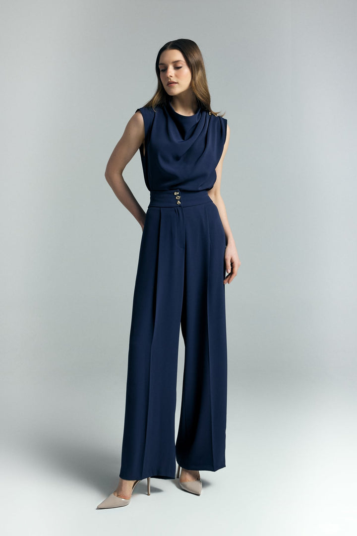 Sateen Pantalon Talia avec détail de bouton - Bleu marine
