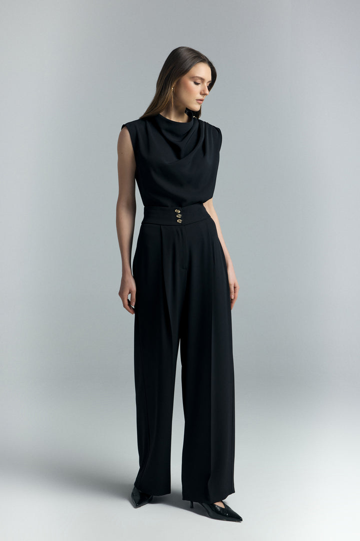 Sateen Pantalon Talia avec détail de bouton - Noir