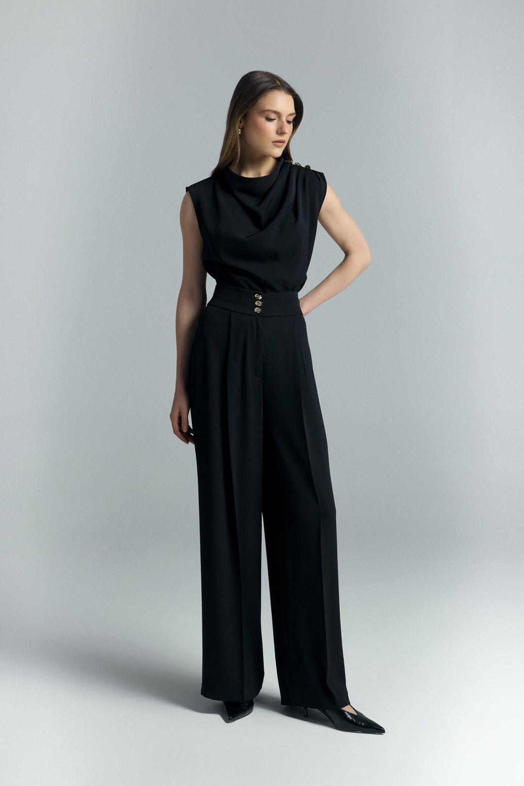 Sateen Pantalon Talia avec détail de bouton - Noir