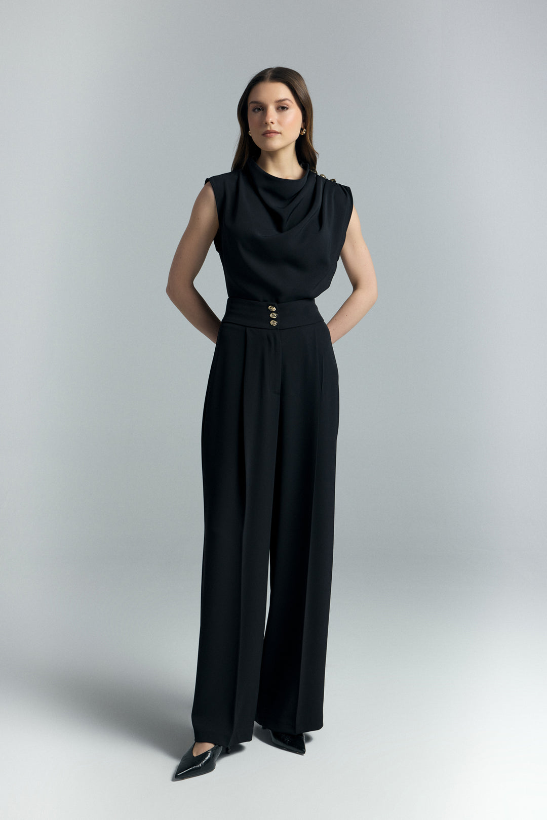 Sateen Pantalon Talia avec détail de bouton - Noir