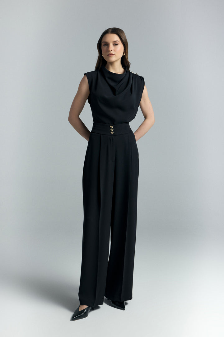 Sateen Pantalon Talia avec détail de bouton - Noir