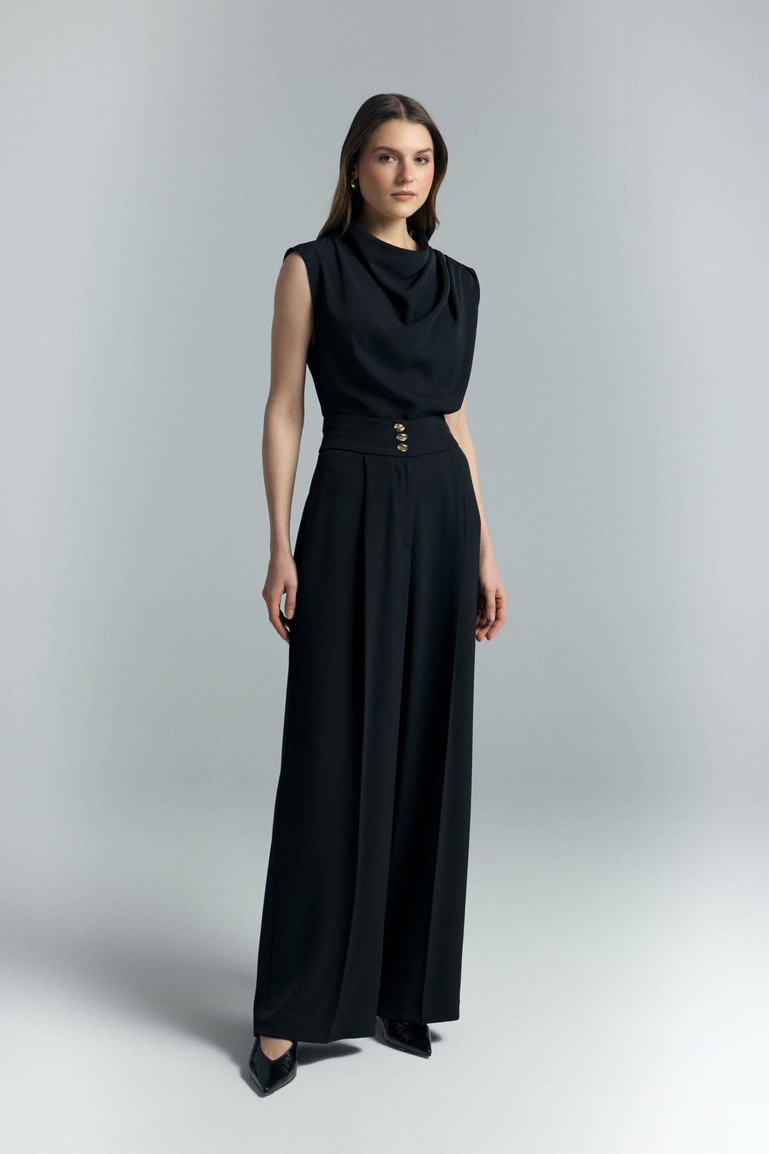 Sateen Pantalon Talia avec détail de bouton - Noir