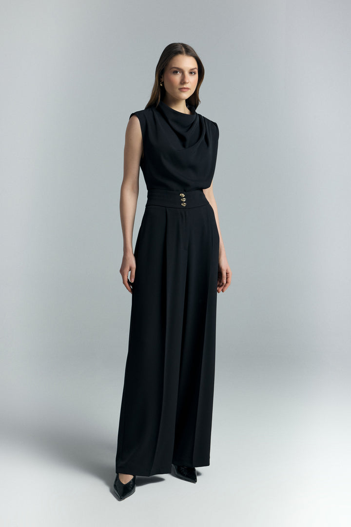 Sateen Pantalon Talia avec détail de bouton - Noir