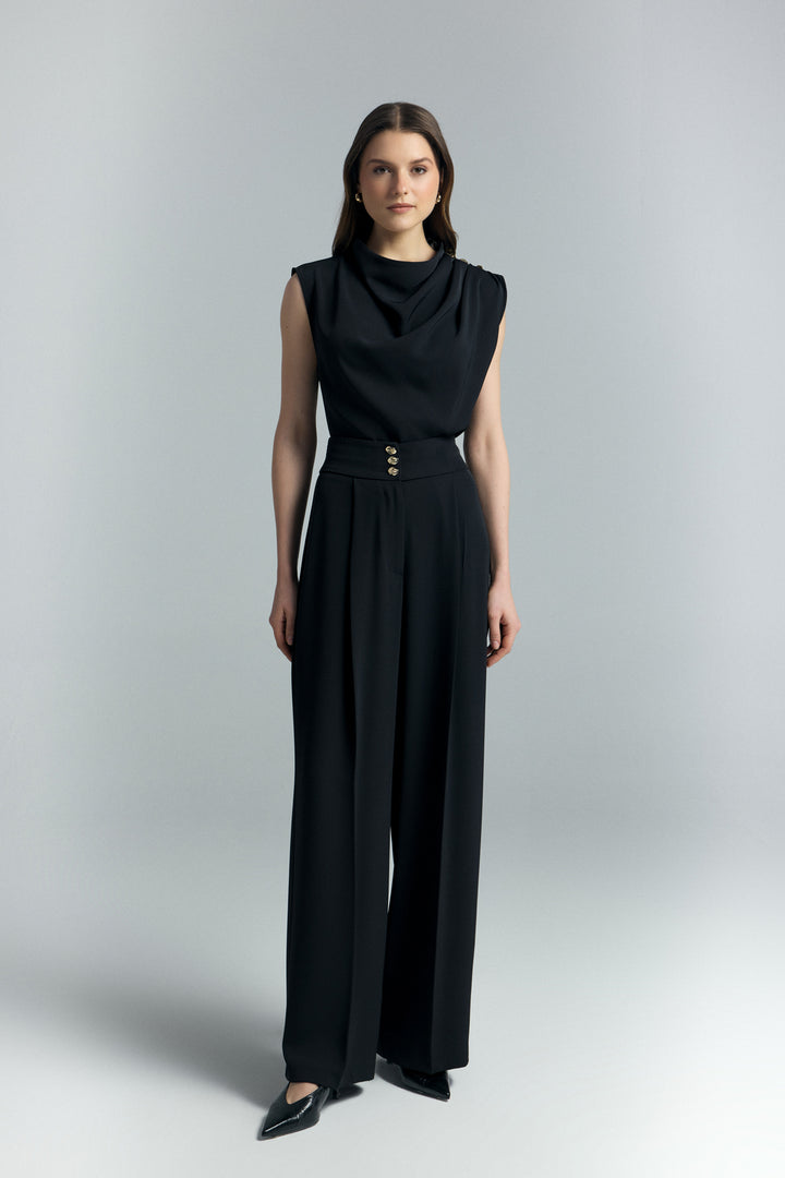 Sateen Pantalon Talia avec détail de bouton - Noir