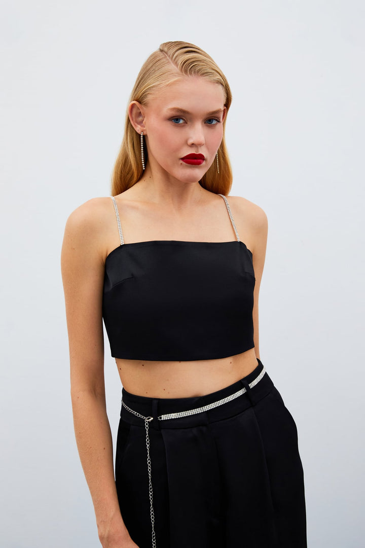 Sateen Top crop en satin à bretelles - Noir