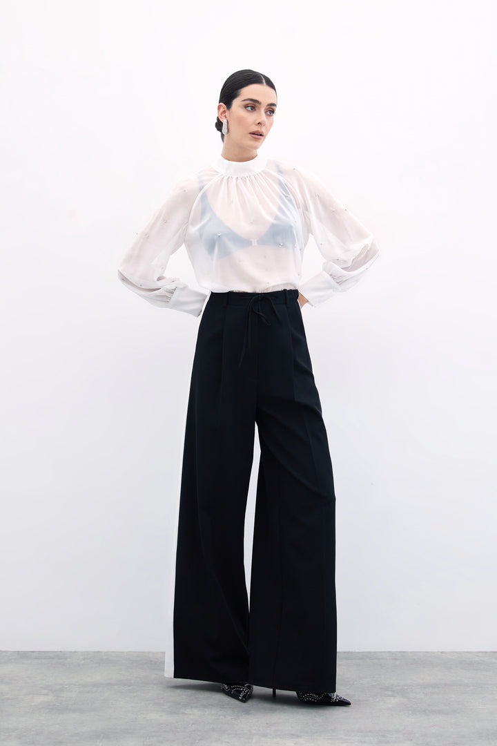 Sateen Blouse Transparente avec Détails en Pierre - Écru