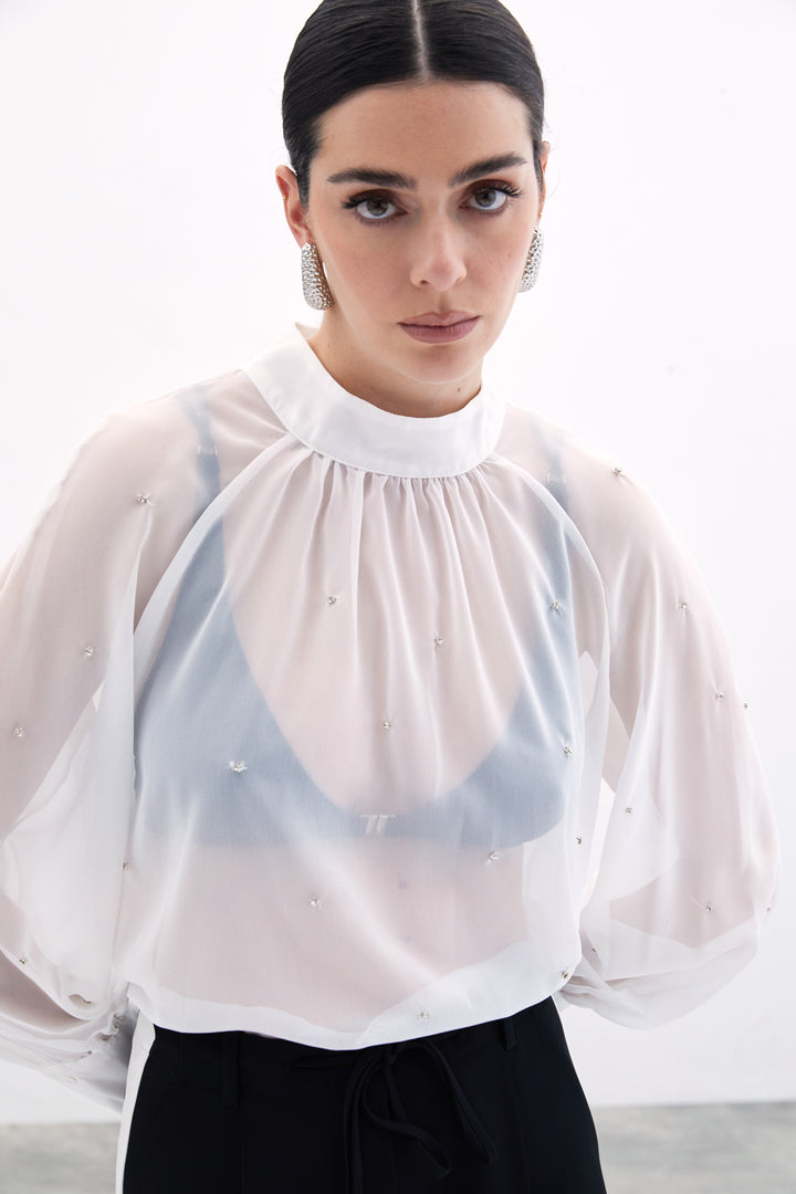 Sateen Blouse Transparente avec Détails en Pierre - Écru