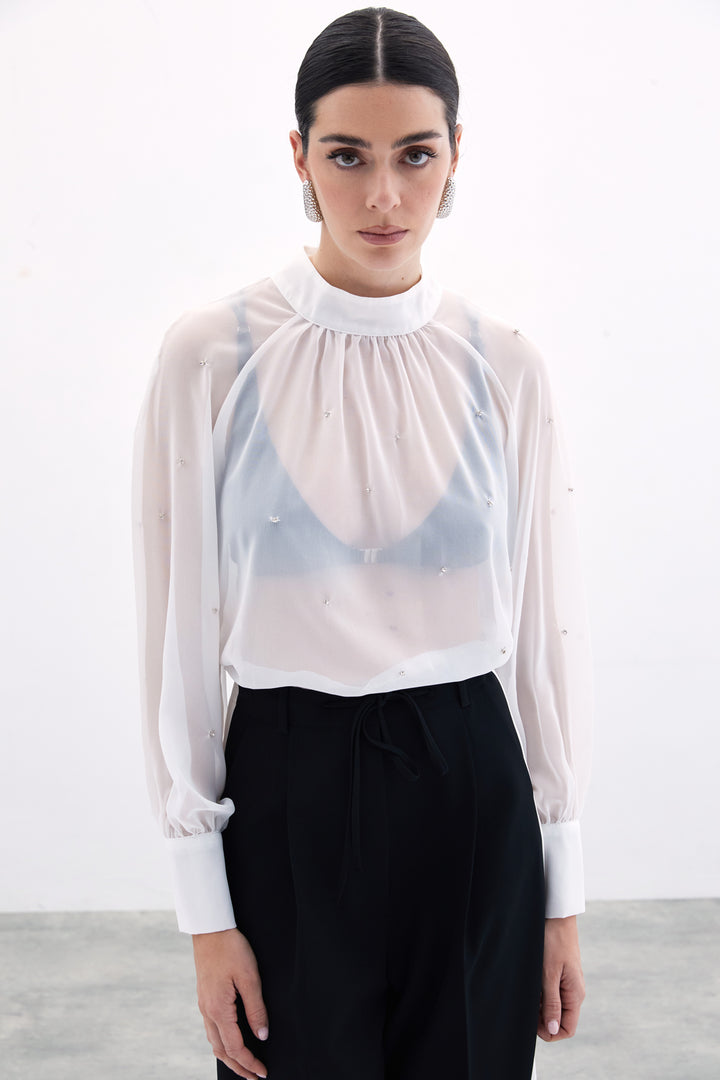 Sateen Blouse Transparente avec Détails en Pierre - Écru
