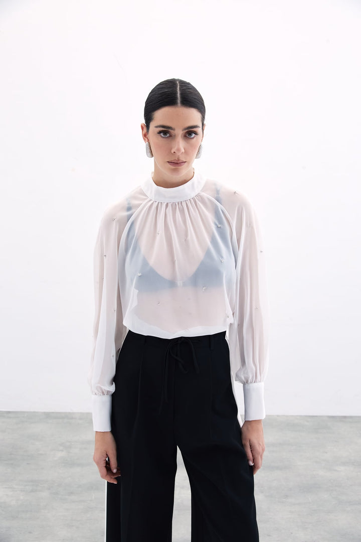 Sateen Blouse Transparente avec Détails en Pierre - Écru