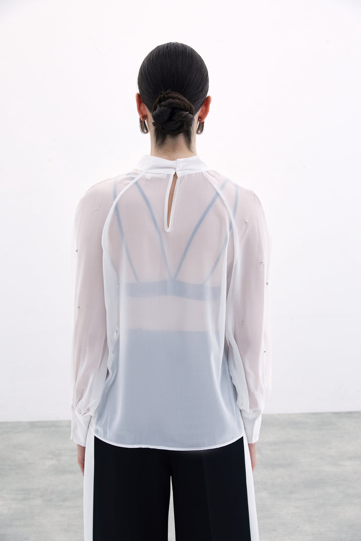 Sateen Blouse Transparente avec Détails en Pierre - Écru
