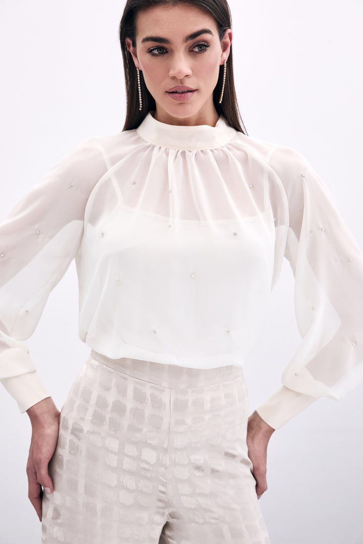 Sateen Blouse Transparente avec Détails en Pierre - Crème