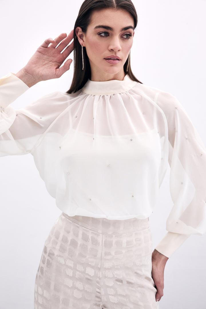 Sateen Blouse Transparente avec Détails en Pierre - Crème