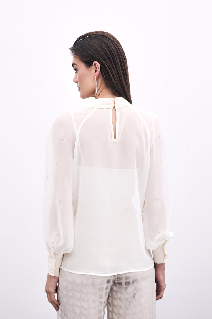 Sateen Blouse Transparente avec Détails en Pierre - Crème