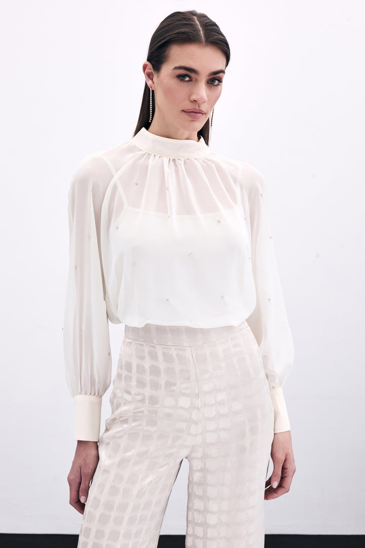 Sateen Blouse Transparente avec Détails en Pierre - Crème