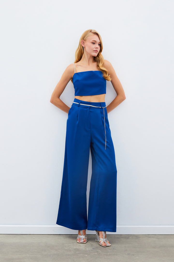 Sateen Pantalon en satin à ceinture - Bleu