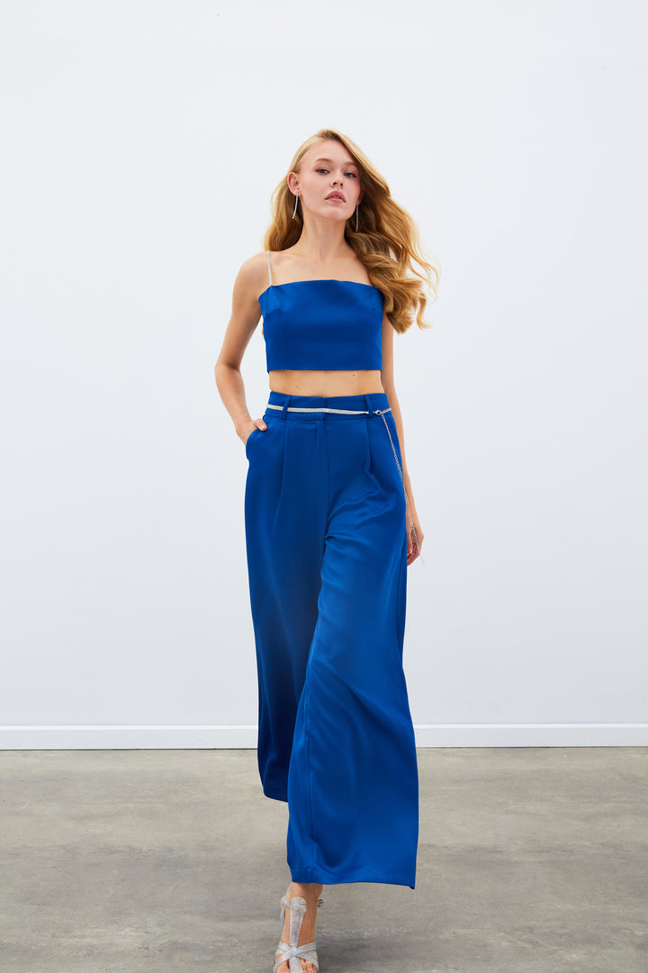 Sateen Pantalon en satin à ceinture - Bleu
