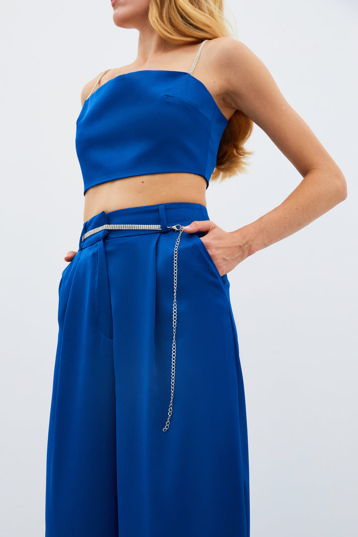 Sateen Pantalon en satin à ceinture - Bleu