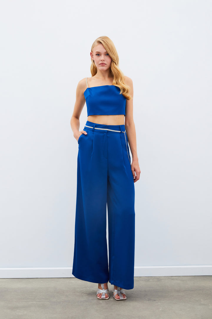 Sateen Pantalon en satin à ceinture - Bleu