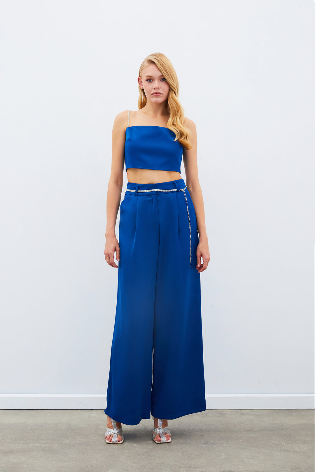 Sateen Pantalon en satin à ceinture - Bleu