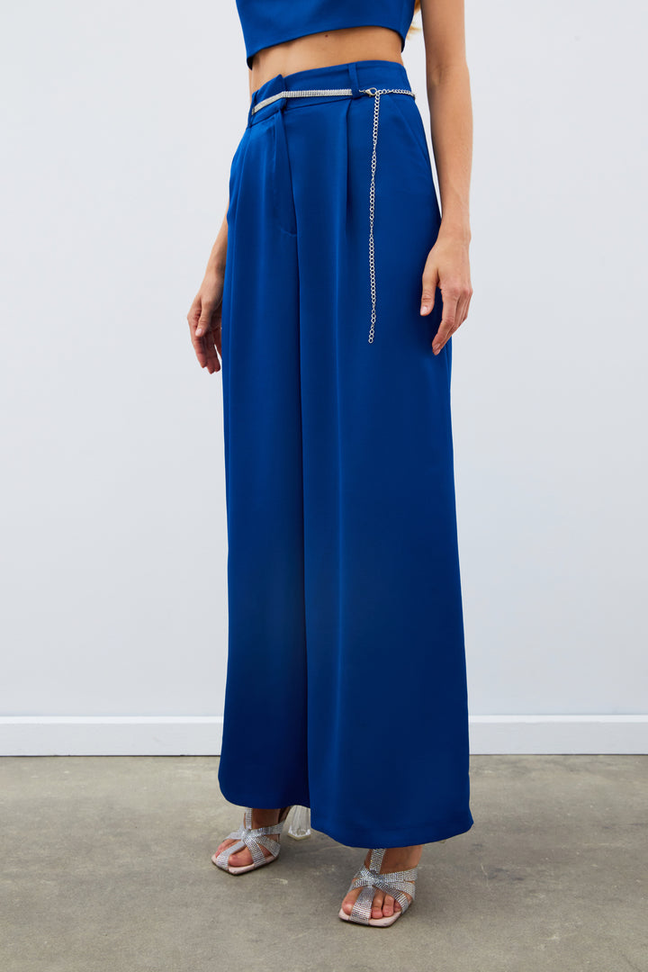 Sateen Pantalon en satin à ceinture - Bleu