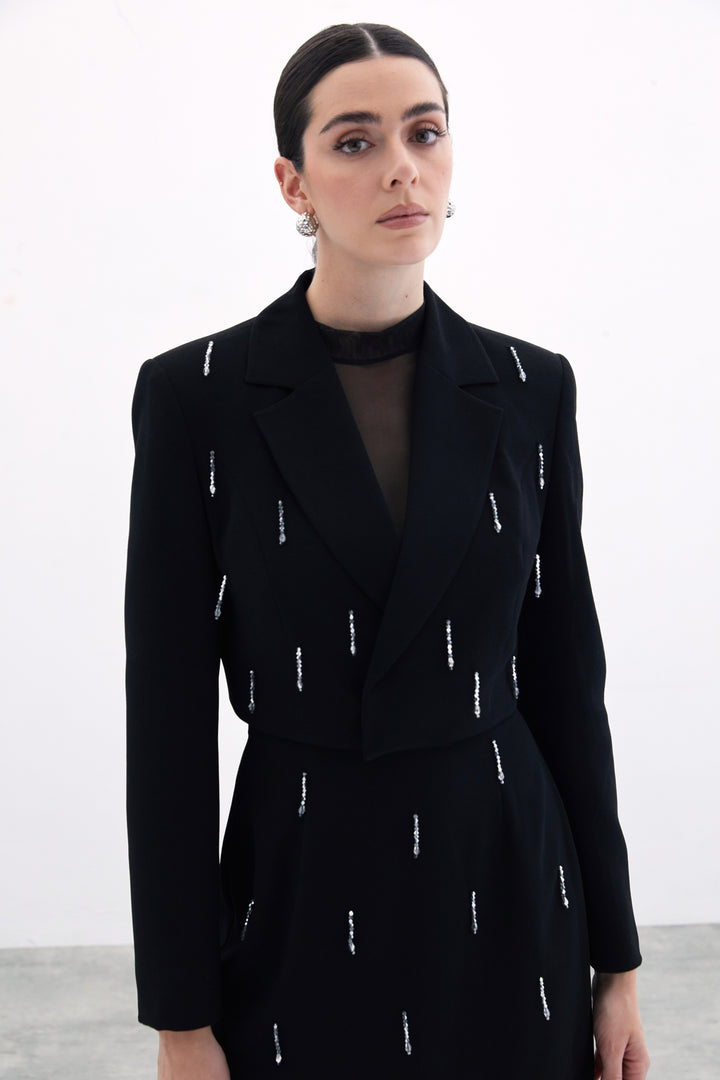 Sateen Veste Courte avec Pierres - Noir