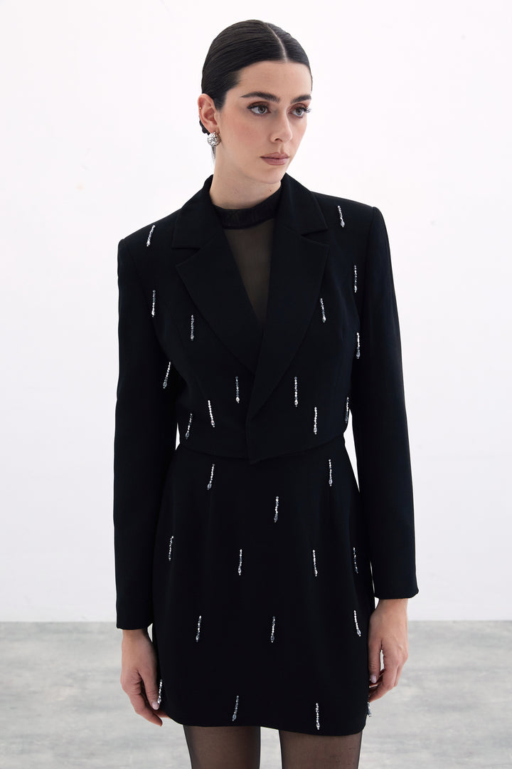 Sateen Veste Courte avec Pierres - Noir