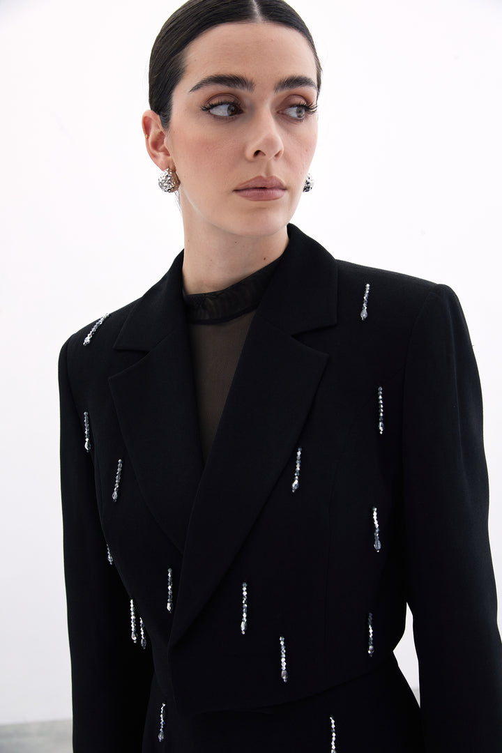 Sateen Veste Courte avec Pierres - Noir